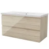 Meuble salle de bain 100cm Chêne Wotan brillant avec 2 tiroirs à fermeture automatique et simple lavabo céramique