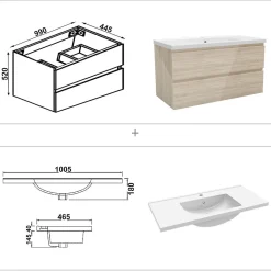 Meuble salle de bain 100cm Chêne Wotan brillant avec 2 tiroirs à fermeture automatique et simple lavabo céramique