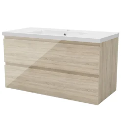 Meuble salle de bain 100cm Chêne Wotan brillant avec 2 tiroirs à fermeture automatique et simple lavabo