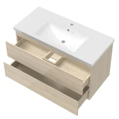 Meuble salle de bain 100cm Chêne Wotan brillant avec 2 tiroirs à fermeture automatique et simple lavabo