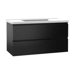 Meuble salle de bain 100cm noir brillant avec 2 tiroirs à fermeture automatique et simple lavabo céramique