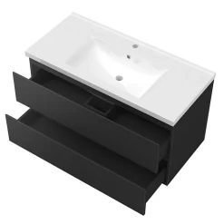 Meuble salle de bain 100cm noir brillant avec 2 tiroirs à fermeture automatique et simple lavabo céramique