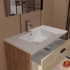 Meuble salle de bain 80cm suspendu 2 tiroirs Décor Bois avec vasque et miroir - BOX-IN
