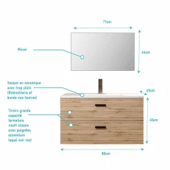 Meuble salle de bain 80cm suspendu 2 tiroirs Décor Bois avec vasque et miroir - BOX-IN