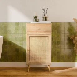 Meuble salle de bain décor bois et cannage Bohème 1 tiroir 1 étagère 45 x 36 x 90 cm naturel