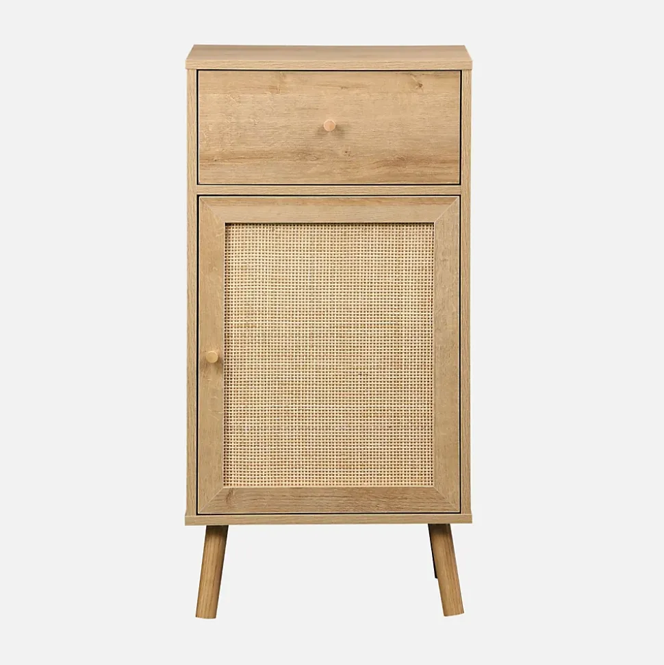 Meuble salle de bain décor bois et cannage Bohème 1 tiroir 1 étagère 45 x 36 x 90 cm naturel