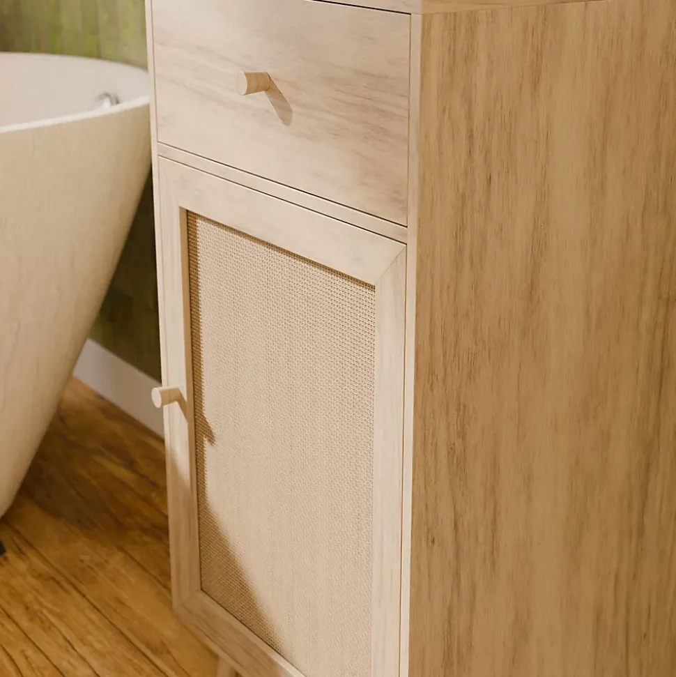 Meuble salle de bain décor bois et cannage Bohème 1 tiroir 1 étagère 45 x 36 x 90 cm naturel