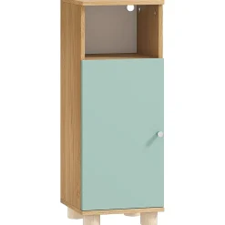 Meuble salle de bain design nordique porte étagère niche effet bois clair vert d'eau