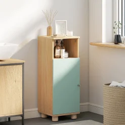 Meuble salle de bain design nordique porte étagère niche effet bois clair vert d'eau