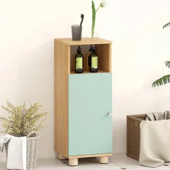 Meuble salle de bain design nordique porte étagère niche effet bois clair vert d'eau