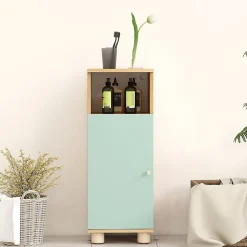 Meuble salle de bain design nordique porte étagère niche effet bois clair vert d'eau