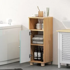 Meuble salle de bain design nordique porte étagère niche effet bois clair vert d'eau