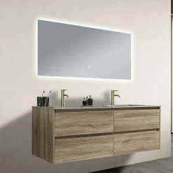 Meuble salle de bain double vasque 140cm bois et effet marbre marron avec miroir LED LB-8475M-140