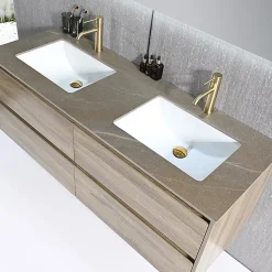 Meuble salle de bain double vasque 140cm bois et effet marbre marron avec miroir LED LB-8475M-140