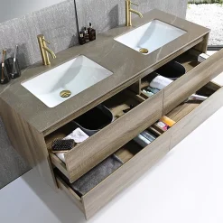 Meuble salle de bain double vasque 140cm bois et effet marbre marron avec miroir LED LB-8475M-140