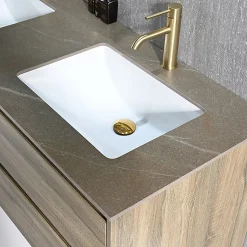 Meuble salle de bain double vasque 140cm bois et effet marbre marron avec miroir LED LB-8475M-140