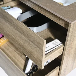 Meuble salle de bain double vasque 140cm bois et effet marbre marron avec miroir LED LB-8475M-140
