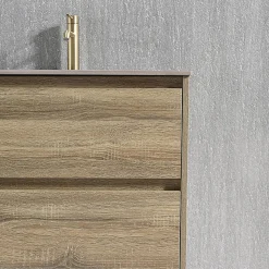 Meuble salle de bain double vasque 140cm bois et effet marbre marron avec miroir LED LB-8475M-140