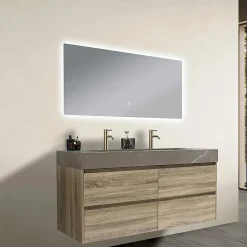 Meuble salle de bain double vasque 120cm bois et effet marbre marron avec miroir LED LB-8476M-120