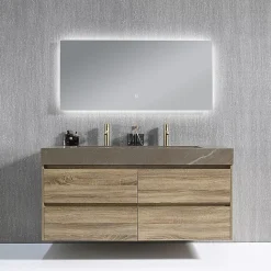 Meuble salle de bain double vasque 120cm bois et effet marbre marron avec miroir LED LB-8476M-120