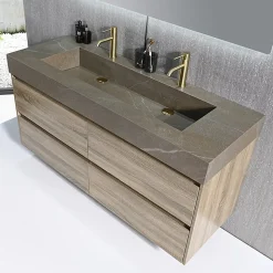 Meuble salle de bain double vasque 120cm bois et effet marbre marron avec miroir LED LB-8476M-120