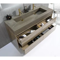 Meuble salle de bain double vasque 120cm bois et effet marbre marron avec miroir LED LB-8476M-120