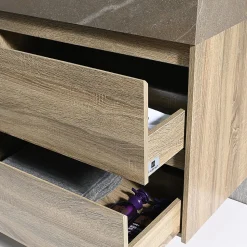 Meuble salle de bain double vasque 120cm bois et effet marbre marron avec miroir LED LB-8476M-120