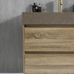 Meuble salle de bain double vasque 140cm bois et effet marbre marron avec miroir LED LB-8476M-140