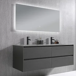 Meuble salle de bain double vasque 140cm gris et effet marbre gris avec miroir LED LB-8475G-140