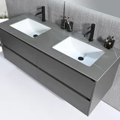 Meuble salle de bain double vasque 140cm gris et effet marbre gris avec miroir LED LB-8475G-140
