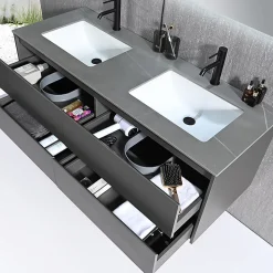 Meuble salle de bain double vasque 140cm gris et effet marbre gris avec miroir LED LB-8475G-140