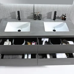 Meuble salle de bain double vasque 140cm gris et effet marbre gris avec miroir LED LB-8475G-140