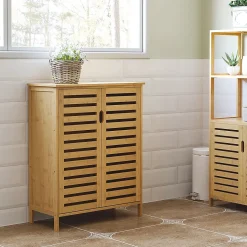 Meuble salle de bain en bambou naturel, meuble d'appoint 2 portes à lattes avec 2 étagères, rangement salon ou salle de bain