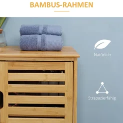 Meuble salle de bain en bambou naturel, meuble d'appoint 2 portes à lattes avec 2 étagères, rangement salon ou salle de bain