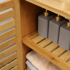 Meuble salle de bain en bambou naturel, meuble d'appoint 2 portes à lattes avec 2 étagères, rangement salon ou salle de bain