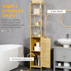 Meuble salle de bain en bambou autoportant, 3 compartiments ouverts, poignée et système anti-basculement, gain de place