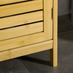 Meuble salle de bain en bambou autoportant, 3 compartiments ouverts, poignée et système anti-basculement, gain de place