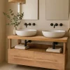Meuble salle de bain en teck avec étagère en verre 140 cm - Uniqka