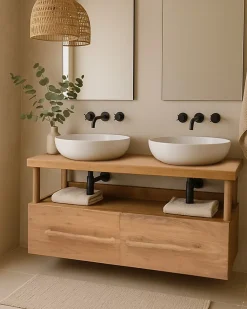 Meuble salle de bain en teck avec étagère en verre 140 cm - Uniqka