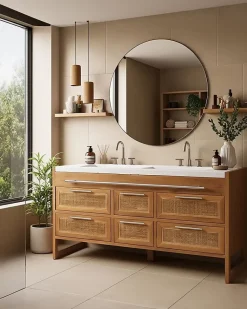 Meuble salle de bain en teck et terazzo beige 145 cm - Uniqka