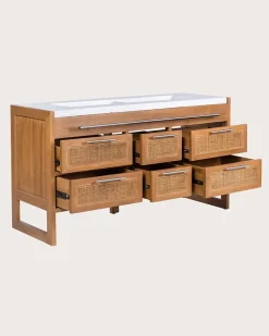 Meuble salle de bain en teck et terazzo beige 145 cm - Uniqka