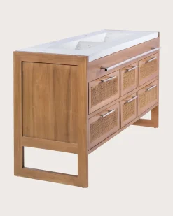 Meuble salle de bain en teck et terazzo beige 145 cm - Uniqka