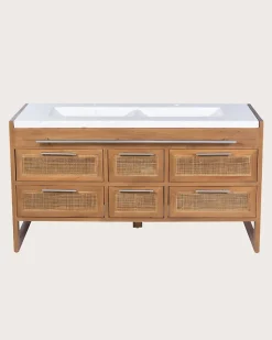 Meuble salle de bain en teck et terazzo beige 145 cm - Uniqka