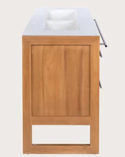 Meuble salle de bain en teck et terazzo beige 145 cm - Uniqka