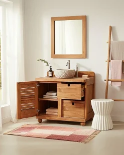 Meuble salle de bain en teck porte persienne 90 cm - Uniqka