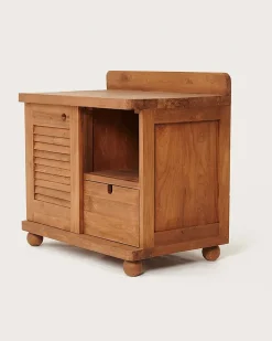 Meuble salle de bain en teck porte persienne 90 cm - Uniqka