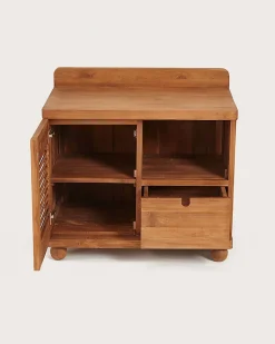 Meuble salle de bain en teck porte persienne 90 cm - Uniqka
