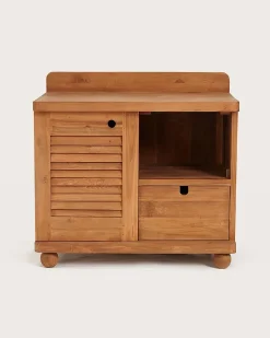 Meuble salle de bain en teck porte persienne 90 cm - Uniqka