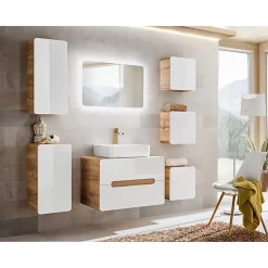 Meuble salle de bain ERBANO Chene clair et blanc brillant 35x75 cm 1 porte Meuble suspendu