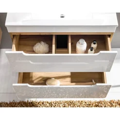 Meuble salle de bain ERBANO Chene clair et blanc brillant 35x75 cm 1 porte Meuble suspendu